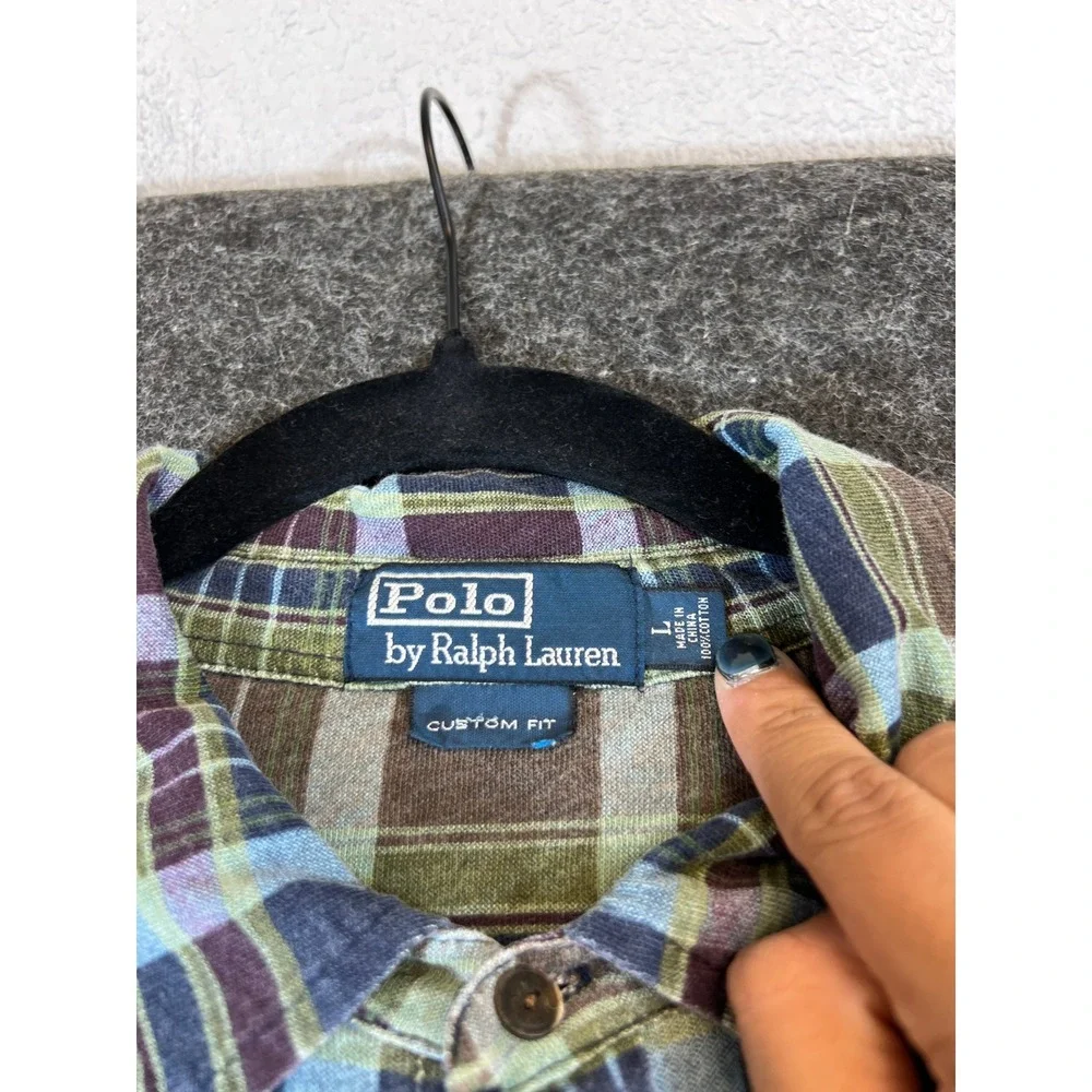 Polo Ralph Lauren Mens Plaid Polo Shirt Blue Green Brown Large Combed Cotton